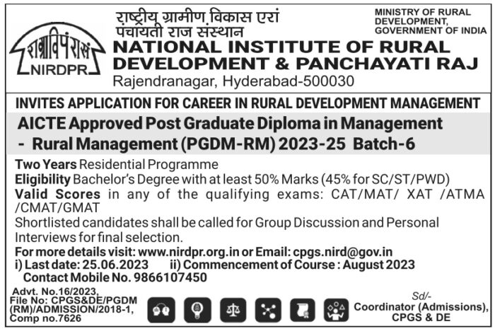 Admission Notification for admission into Post Graduate Diploma in Management – Rural Management(PGDM-RM) 6th Batch (2023-25) LD September 9, 2023